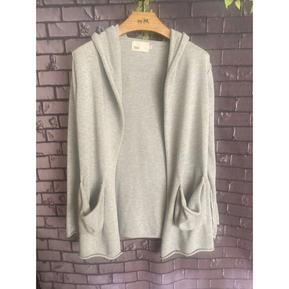 Anthropologie + Yoon Lagon Look Light Heather Gray Cotton Hooded Open Cardigan L - Picture 1 of 5